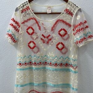 SUNDANCE Top Women S Cream Sheer Mesh Floral Embroidered Aztec Boho Festival